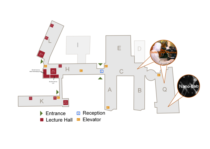 Map of the Department of Physics; Solid State Physics in the C and Q-wings of the building 